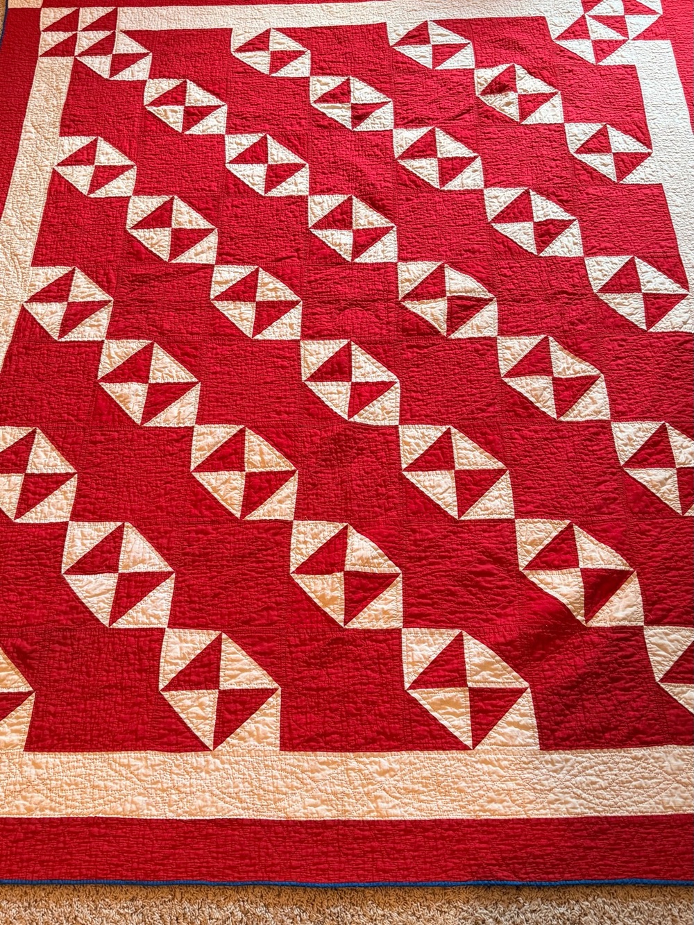 Vintage Antique Red and Cream Hand Sewn Patchwork Quilt with Blue Border